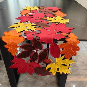 LeLehome Embroidery Maple Pattern Table Runner for Fall Harvest Autumn Holidays Festival Party Holiday Home Kitchen Decorations 14" X 34" Red Orange