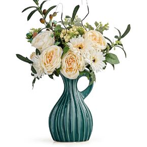 Octdays Modern Vase Home Decor: Green Ceramic Pitcher Vase Decorative Jug Vases Ribbed Flower Vase for Table Centerpieces Kitchen Mantel Decoration (Large 10'')