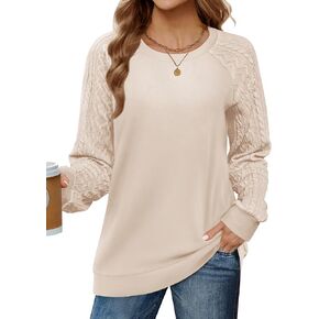 LOMON Crewneck Sweatshirts for Women Cable Knit Sleeve Sweaters Lightweight Pullover Tops