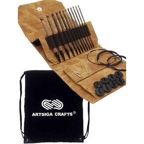 Lykke Driftwood 6-Inch (15cm) Interchangeable Crochet Hook Set Birchwood Set US E4, F5, G6, 7, H8, I9, J10, K10.5, L11, M13, N15, P16 Includes Grey Denim Case Bundled with 1 Artsiga Crafts Project Bag in Kuwait
