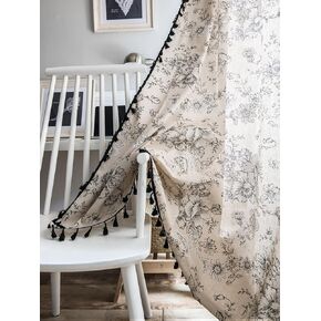 Boho Curtains with Tassel, 2 Panel Cotton Linen Bohemian Semi-Blackout Drapes,Floral Pattern Farmhouse Window Panels Rod Pocket Curtain for Living Room Bedroom(Black Flower, 59''x 86'')