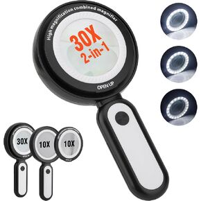 عدسة مكبرة مع 18 مصباح LED، مكبر اضاءة كبير محمول باليد 30X، عدسة مكبرة للقراءة لكبار السن والعملات المعدنية والطوابع والخرائط والفحص والتنكس البقعي (اسود in Kuwait