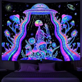 Matematikus Blacklight UV Tapestry Kissing Lovers Skeleton Mushroom Skull UV ReactiveTapestries Wall poster decoration hanging for Bedroom Living Room 78.74 * 59.10 Inches