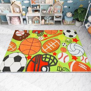 Kid Rug Sport Ball Rugs 3.3 × 5 Ft Fun Play Rug Carpet for Boy Girl Room,TPR Non-Slip Kid Playmat Balls Print with Soccer Basketball Football Tennis Ball Washable Kid Carpet Bedroom Playroom (Blue)