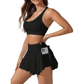 WDIRARA Women's 2 Piece Tennis Skirt Set Golf Outfits Sports Bra and Flared Skirt Tracksuit