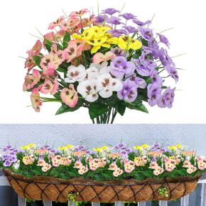 Artificial Flowers 12 Bundles Faux Silk Outdoor Flowers Artificial Pansy Faux Plastic UV Resistant Plant for Home Wedding Kitchen Garden Decor(3 Purple,3 Pink,3 White,3 Yellow)