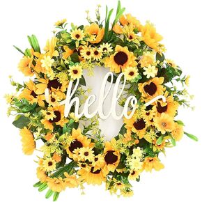 Artificial Sunflower Wreath Front Door Wreath Hello Sign Plaque Simulated Sunflower Garland for Holiday Wedding Party Decoration