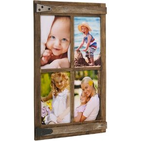 EXCELLO GLOBAL PRODUCTS Rustic Barn Door Decor Photo Collage Frame, 9x14 in Four Frames 4x6 in - Includes Weathered Finish, Barn Door Inspired Hinges, and Brackets for Wall Hanging - Rustic Brown