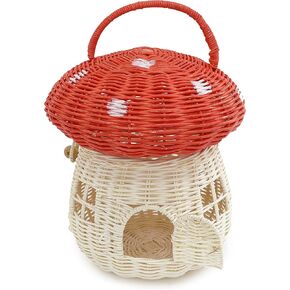 KOLWOVEN Mushroom Basket- Mushroom Home Decor Box With lid Shelves- Rattan Mushroom Newborn Photography Props in Tent, Kitchen - Bag for Kid - Wicker Basket Purse (Red Color)