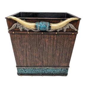 BestGiftEver Rustic Western Trash Can | Southwestern Tooled Leather Wastebasket with Faux Horns | Unique Decorative Trash Can with Native American Design | Cowboy Trash Bin