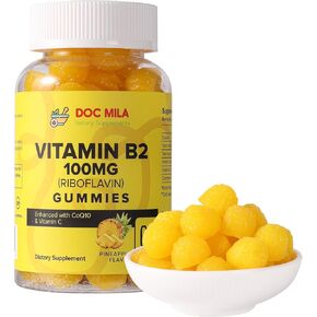 Vitamin B2 Gummies for Adults and Kids - Riboflavin Plus CoQ10 and Vitamin C - Migraine Relief Supplement (100mg, Pineapple)