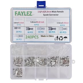FAYLEZ سلك طرفي 240 قطعة وصلة سريعة 2.8/4.8/6.3 مم بأسمائها الحقيقية ذكر وأنثى سلك موصل سلك تجعيد كتلة طرفية مع مجموعة متنوعة من الأكمام العازلة لجهاز صوت قارب السيارة