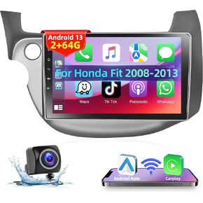 Podofo 2+64G Wireless Apple Carplay Android Auto Car Stereo for Honda Fit 2008-2013,10.1 Inch Car Radio Touchscreen with GPS/Bluetooth/WiFi/FM&RDS Radio/HiFi/Steering Wheel Control+AHD Backup Camera in Kuwait