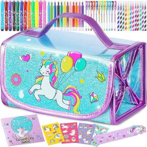 Unicorns Gifts for Girls 5 6 7 8 9 Year Old, Coloring Markers Set with Unicorn Pencil Case, Unicorn Art Supplies for Art Coloring, Craft Drawing Toy for Ages 6-8 Girls Birthday Christmas Easter