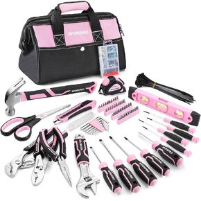 WORKPRO Pink Tool Set, 277 PCS Apartment Essentials Hand Tool Bag Set with 13-Inch Wide Mouth Open Storage Bag, Portable Home Tool Kit Including Hammer, Screwdriver, and Household Tools - Pink Ribbon
