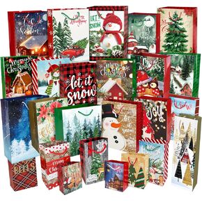 Party Funny 24 Christmas Gift Paper Bags Bulk with handles and 60 Count Christmas Gift Tags-Assorted sizes set for Wrapping Xmas Holiday Presents(6 Jumbo,6 Large,6 Medium,6 Small)