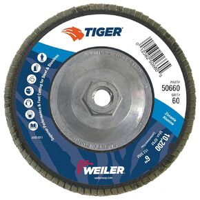 Weiler 50650 Tiger 7/8" Arbor, 6" Diameter, 60 Grit, Zirconium, Phenolic Backing, Angled Abrasive Flap Disc