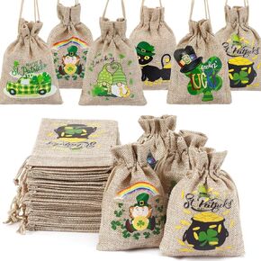 JUNEBRUSHS St Patricks Day Burlap Gift Bags, 42 Pack St Patricks Linen Burlap Bag with Drawstring St. Patrick's Day Goodie Candy Treat Bags for Kids Irish Party Favors Shamrock Small Gift Bags