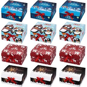 ARTLYMERS Christmas Gift Boxes with Lids, 12 Pack Gift Boxes and Red Ribbon Christmas Themed Pattern Small Gift Boxes for Christmas Presents Gifts Easy Assemble