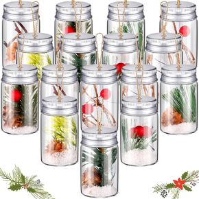 16 Pcs Fillable Clear Glass Christmas Tree Ornaments Hanging Mason Jar Holiday Decorations Christmas Home Decor with Pine Branches Pine Cones Raspberry Vines for Xmas Party, 8 Designs