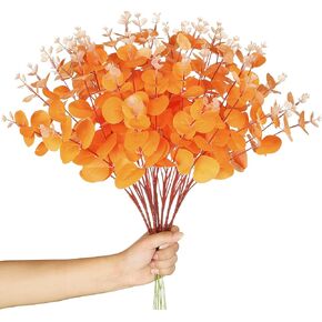 12Pcs Artificial Eucalyptus Leaves Stems Fake Silk Eucalyptus Branches for Autumn Decor Orange Silver Dollar Eucalyptus Leaves for Fall Thanksgiving Farmhouse Home Decorations (Orange)