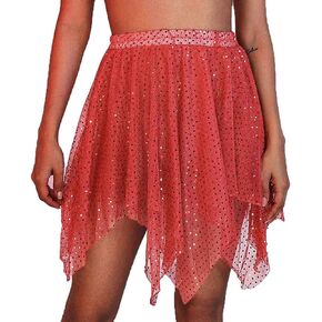 Sequin Belly Dance Skirt Rave Costume Sparkly Hip Skirts Festival Performance Dance Short Wrap Skirt for Women and Girls (Red) 25 Regular
