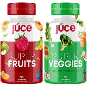 Júce Super Fruits & Super Veggies Capsules - Gluten/Gelatin Free, Non GMO, Soy Free & Vegan - Reds & Greens Superfood Capsules - 23 Fruits & 23 Vegetables - 180 Count
