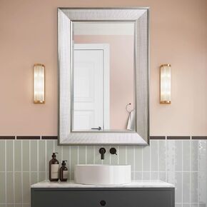 Head West Brushed Nickel Pave Textured Beveled Framed Vanity Mirror, Accent Decorative Mirrors for Wall Decor, Modern Bathroom Mirrors for Over Sink, Bedroom, Entryway, Living Room, Hallway 24x36