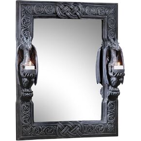 Design Toscano Thorne Twin Sentinal Dragons Gothic Decor Wall Mirror Sculpture with Candle Holders, 19 Inches Wide, 5 Inches Deep, 23 Inches High, Gray Stone Finish