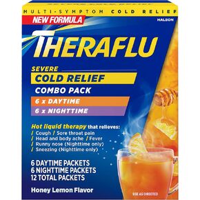 Theraflu Combo Daytime and Nighttime Severe Cold Relief Powder, Honey Lemon Flavor, 12 Count, 6 Daytime + 6 Nighttime