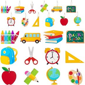WATINC 37PCS Welcome Back to School Wood Ornament Hanging Decoration, 2024 First Day of School Wooden Pendant Tag Decorations for Kids Classroom Party Chalkboard Wall Bulletin Board Decor Photo Prop