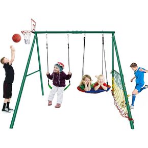 مجموعة أرجوحة CYFIE للأطفال والبالغين في الهواء الطلق، طقم أرجوحة في الفناء الخلفي مع حامل عالي التحمل، أرجوحة صحن، أرجوحة حزام، طوق كرة السلة، شبكة كرة قدم، مجموعة أرجوحة بإطار معدني بوزن 440 رطلاً in Kuwait