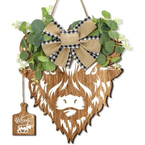 Xuhal البقرة علامات الباب البقرة رئيس الباب اكليلا 11.81 × 11.02 بوصة مزرعة البقرة علامة ريفي ترحيب البقرة ديكور هدايا البقرة الخشبية مع أوراق اصطناعية الجاموس منقوشة القوس الخيش للشرفة المنزلية in Kuwait