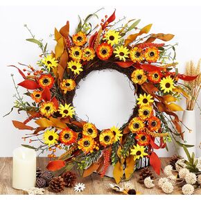 Artificial Fall Wreath 20 Inch Autumn Wreath for Front Door Thanksgiving Wreaths Orange Yellow Red Daisy Flower Wreath Artificial Wreath for Home Farmhouse Decor