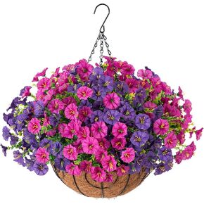 Artificial Faux Hanging Plants Flowers Basket for Spring Summer Outdoor Decoration, Fake Silk Look Real UV Resistant Colorful Mixed Morning Glory Eucalyptus for Porch Outside Patio Balcony Home Decor