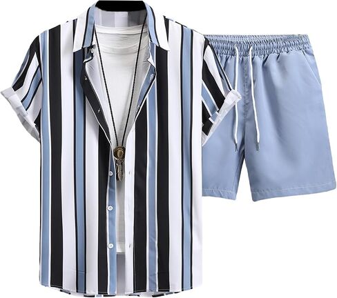OYOANGLE Men's 2 Piece Outfits Tropical Print Striped Short Sleeve Button Down Hawaiian Shirt and Shorts Sets in Saudi Arabia