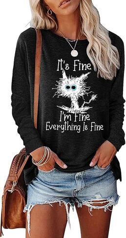 It's Fine I'm Fine Everything Is Fine Sweatshirt Fine Funny Cat Christmas Sweatshirt for Women Cute Fine Tee Tops in Saudi Arabia