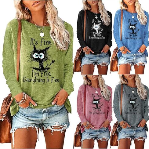 It's Fine I'm Fine Everything Is Fine Sweatshirt Fine Funny Cat Christmas Sweatshirt for Women Cute Fine Tee Tops in Saudi Arabia