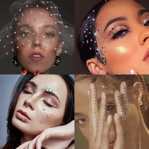 2116 pcs Self Adhesive Rhinestones and Pearls for Makeup Eyes Face 6 Sheets Clear Rhinestones Stickers Pearl Stickers Bling Gems Jewels Stickers for DIY (Sparkling) in Kuwait