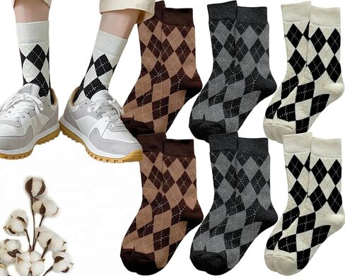 جوارب CHUNFO النسائية Argyle كاجوال للجري رياضي أبيض ورمادي وبني منقوشة مقاس 5-9 in Kuwait