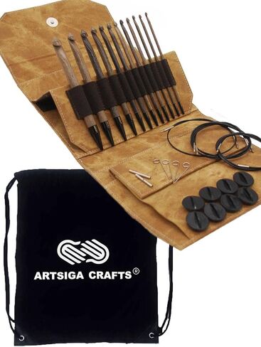 Lykke Driftwood 6-Inch (15cm) Interchangeable Crochet Hook Set Birchwood Set US E4, F5, G6, 7, H8, I9, J10, K10.5, L11, M13, N15, P16 Includes Grey Denim Case Bundled with 1 Artsiga Crafts Project Bag in Kuwait