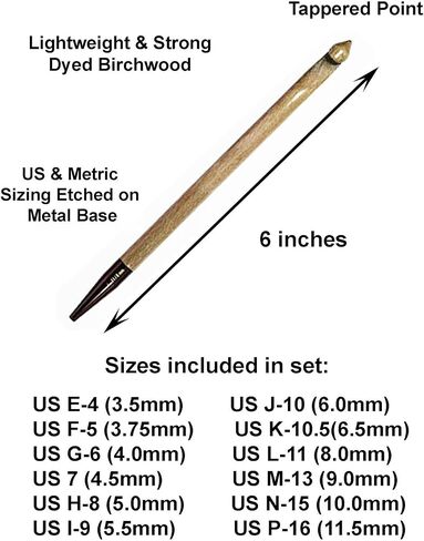 Lykke Driftwood 6-Inch (15cm) Interchangeable Crochet Hook Set Birchwood Set US E4, F5, G6, 7, H8, I9, J10, K10.5, L11, M13, N15, P16 Includes Grey Denim Case Bundled with 1 Artsiga Crafts Project Bag in Kuwait