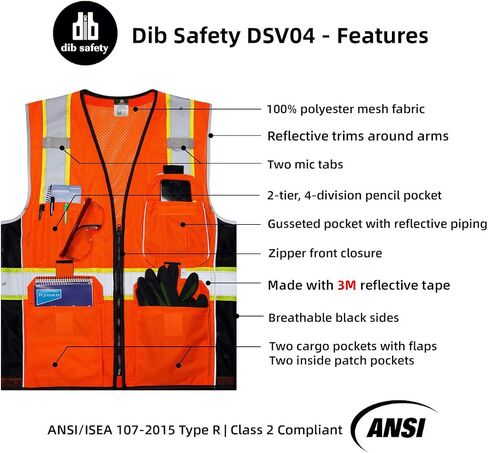 Dib Safety Vest Reflective Yellow Mesh, High Visibility Vest with Pockets and Zipper, ANSI Class 2 Heavy Duty, Made with 3M Reflective Tape XL in Saudi Arabia