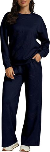 luvamia Lounge 2 Piece Sets for Women Texture Long Sleeve Pullover Pull On Wide Leg Pants Sweatsuit Loungewear Sweat Set in Saudi Arabia