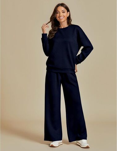 luvamia Lounge 2 Piece Sets for Women Texture Long Sleeve Pullover Pull On Wide Leg Pants Sweatsuit Loungewear Sweat Set in Saudi Arabia