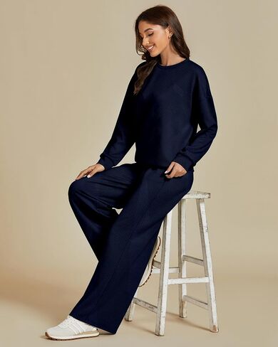 luvamia Lounge 2 Piece Sets for Women Texture Long Sleeve Pullover Pull On Wide Leg Pants Sweatsuit Loungewear Sweat Set in Saudi Arabia