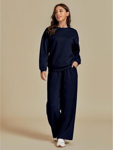 luvamia Lounge 2 Piece Sets for Women Texture Long Sleeve Pullover Pull On Wide Leg Pants Sweatsuit Loungewear Sweat Set in Saudi Arabia
