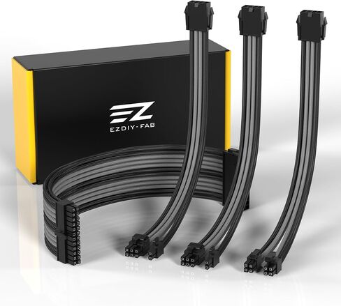 EZDIY-FAB PSU Cable Extension Kit, 18AWG Sleeved, ATX/EPS/PCIe, 30cm, Black | PET Sleeved Cables, Cable Combs Included, 4-Cable Extension, Flexible Routing, Clean Cable Setup, Custom PC Builds in Kuwait