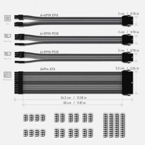 EZDIY-FAB PSU Cable Extension Kit, 18AWG Sleeved, ATX/EPS/PCIe, 30cm, Black | PET Sleeved Cables, Cable Combs Included, 4-Cable Extension, Flexible Routing, Clean Cable Setup, Custom PC Builds in Kuwait