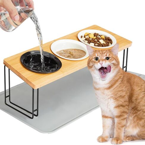 أوعية مرتفعة للقطط من أوسيا، أوعية مياه للقطط مع حامل من الخيزران الطبيعي، 3 أطباق سيراميك - تصميم مائل 15 درجة لوضع الأكل الأمثل، ومنع القيء، وسهولة التجميع، وحصيرة مقاومة للماء in Kuwait